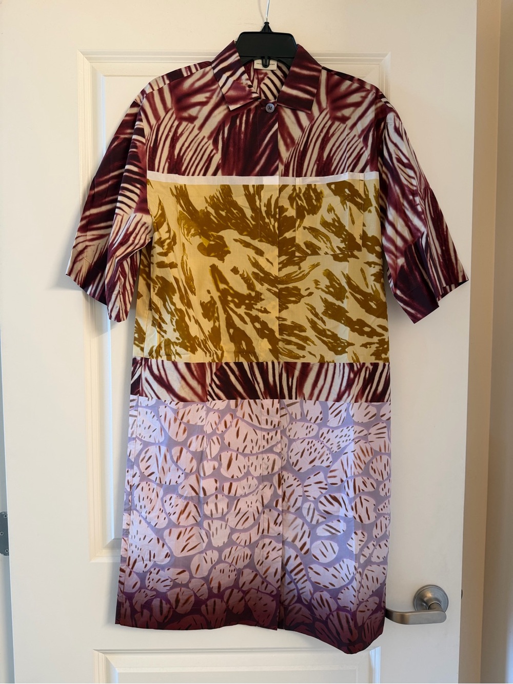 Dries Van Noten Burgundy, Olive, Lilac Panel Short-Sleeve Shirt